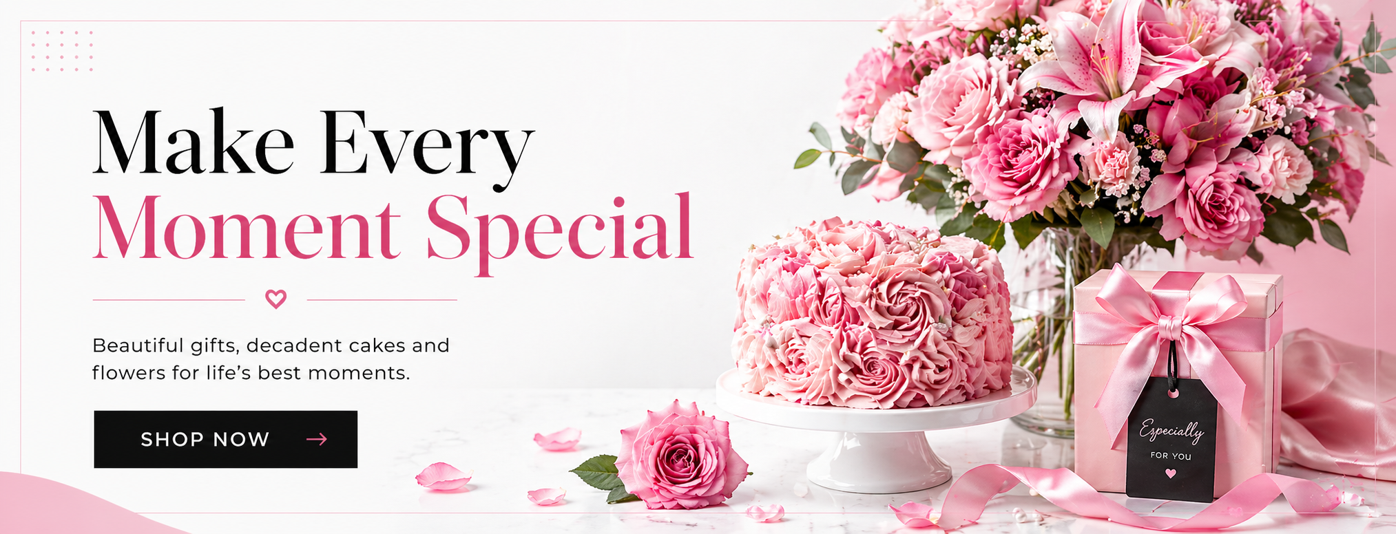 Promotional banner for a gift and flower store with pink flowers, cake, and gift box on a white background. By Floral Surprise