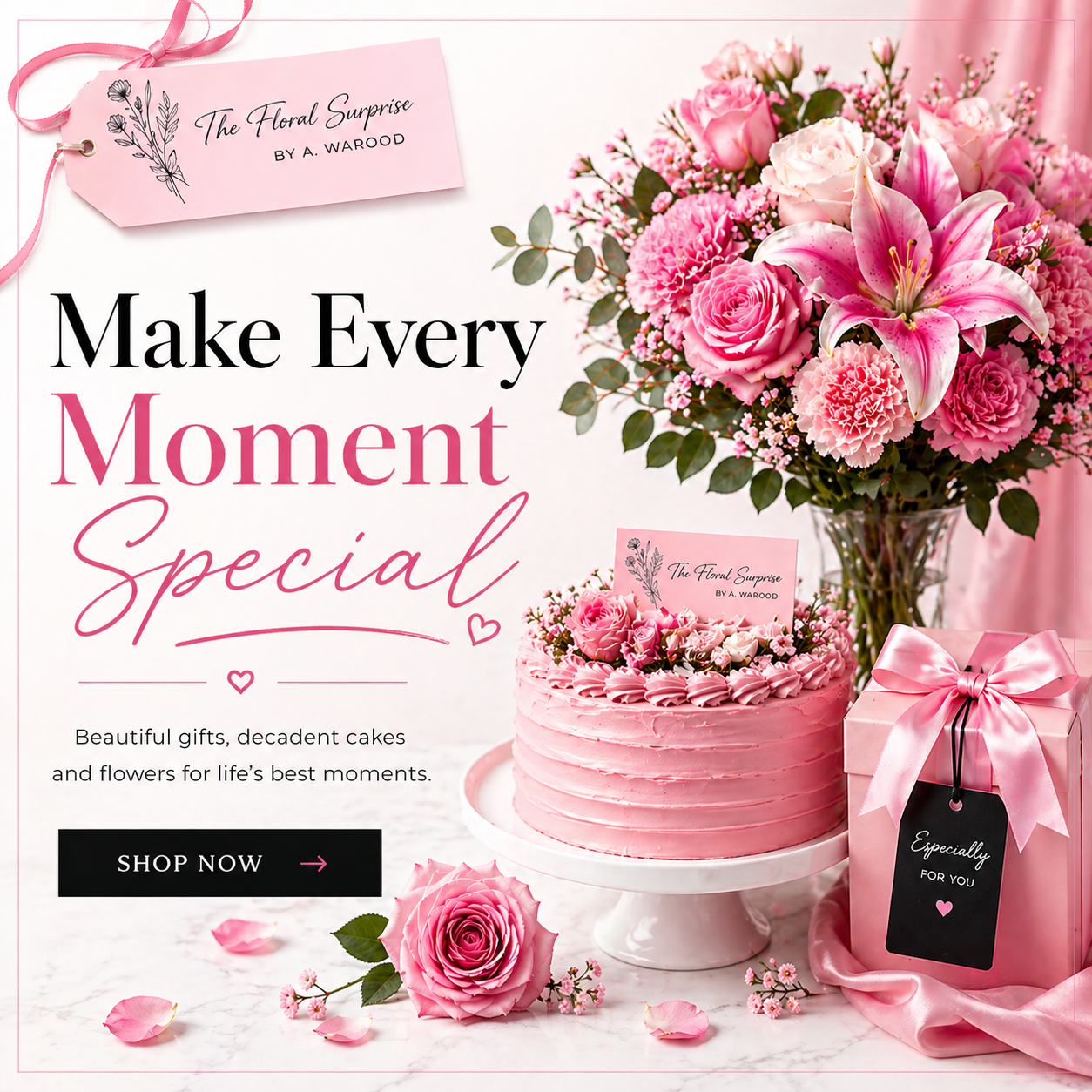 Advertisement for floral and cake services with pink flowers, cake, and gift box on a white background.